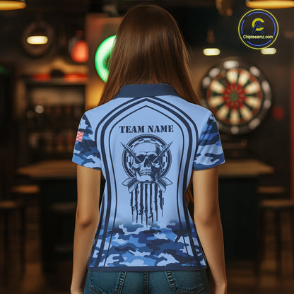 Vintage Blue Camo Darts Polo & Quarter Zip Custom Dart Shirts For Women, Camouflage Dart Team Jersey TDM7192