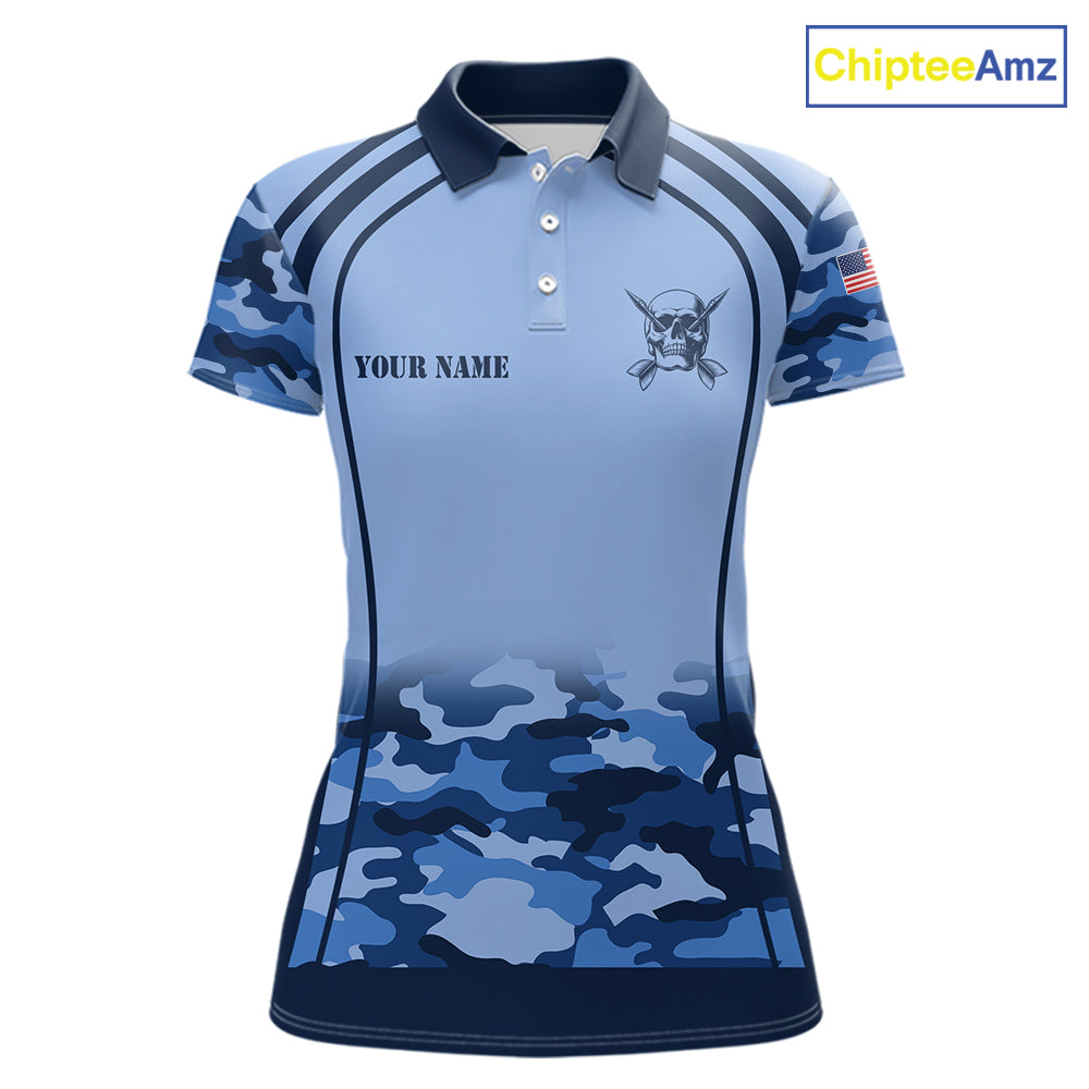 Vintage Blue Camo Darts Polo & Quarter Zip Custom Dart Shirts For Women, Camouflage Dart Team Jersey TDM7192