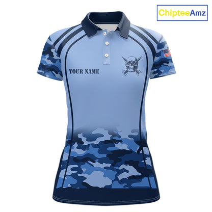 Vintage Blue Camo Darts Polo & Quarter Zip Custom Dart Shirts For Women, Camouflage Dart Team Jersey TDM7192