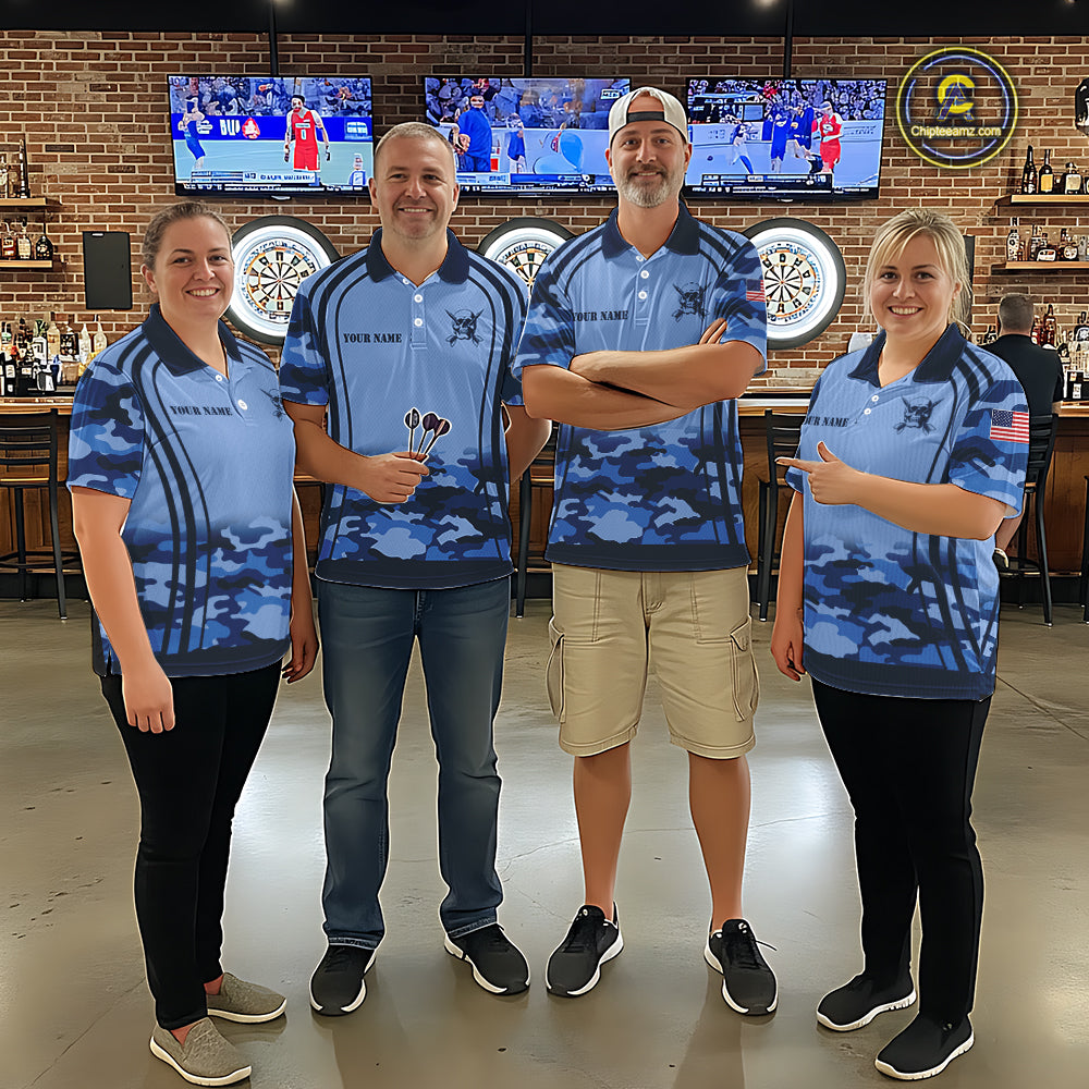 Vintage Blue Camo Darts Polo & Quarter Zip Custom Dart Shirts For Men, Camouflage Dart Team Jersey TDM7192