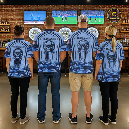 Vintage Blue Camo Darts Polo & Quarter Zip Custom Dart Shirts For Men, Camouflage Dart Team Jersey TDM7192