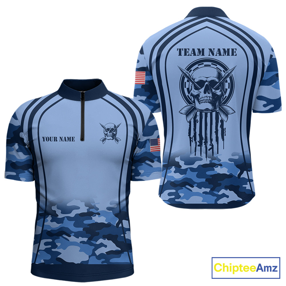 Vintage Blue Camo Darts Polo & Quarter Zip Custom Dart Shirts For Men, Camouflage Dart Team Jersey TDM7192