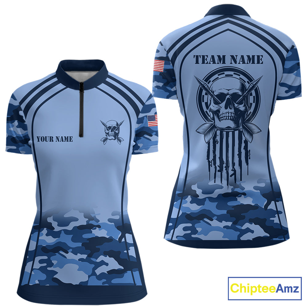Vintage Blue Camo Darts Polo & Quarter Zip Custom Dart Shirts For Women, Camouflage Dart Team Jersey TDM7192