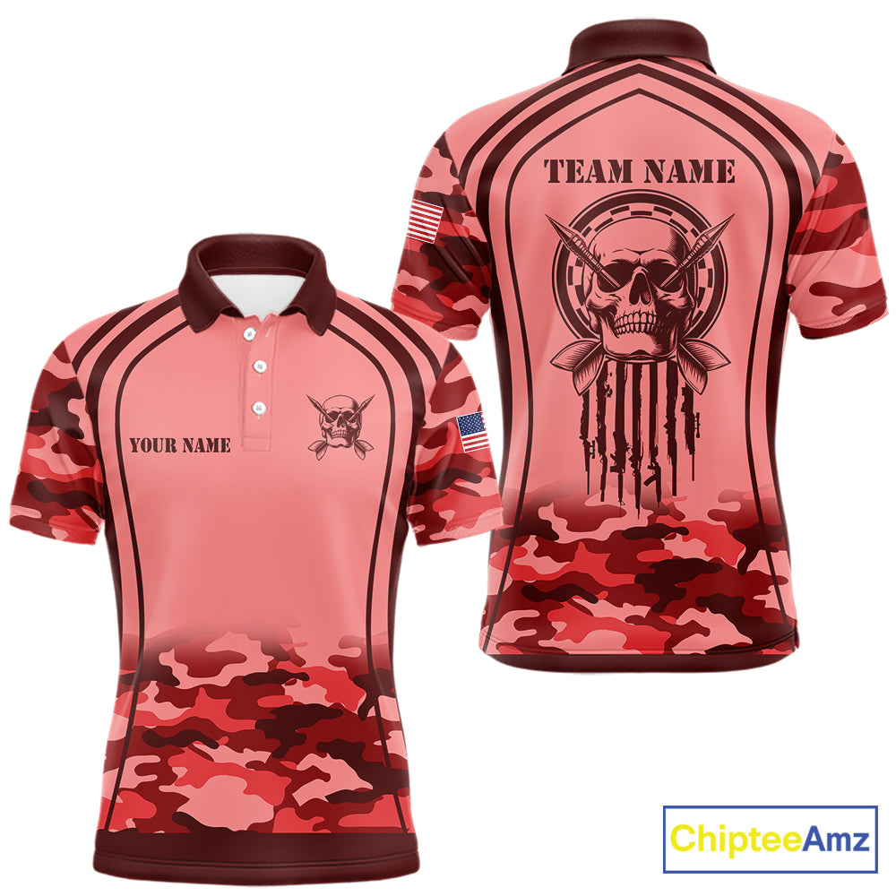 Vintage Red Camo Darts Polo, Quarter Zip Custom Dart Shirts For Men, Camouflage Dart Team Jersey TDM7193