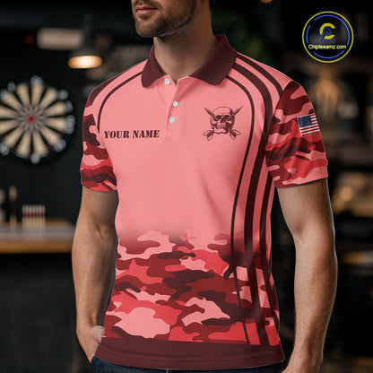 Vintage Red Camo Darts Polo, Quarter Zip Custom Dart Shirts For Men, Camouflage Dart Team Jersey TDM7193