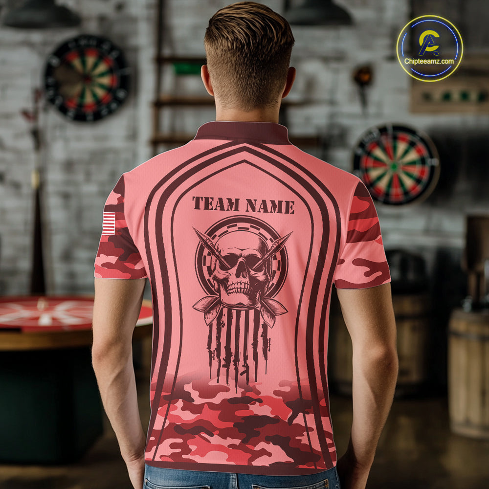 Vintage Red Camo Darts Polo, Quarter Zip Custom Dart Shirts For Men, Camouflage Dart Team Jersey TDM7193