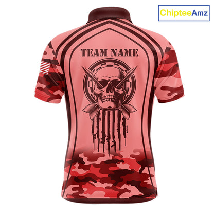 Vintage Red Camo Darts Polo, Quarter Zip Custom Dart Shirts For Men, Camouflage Dart Team Jersey TDM7193