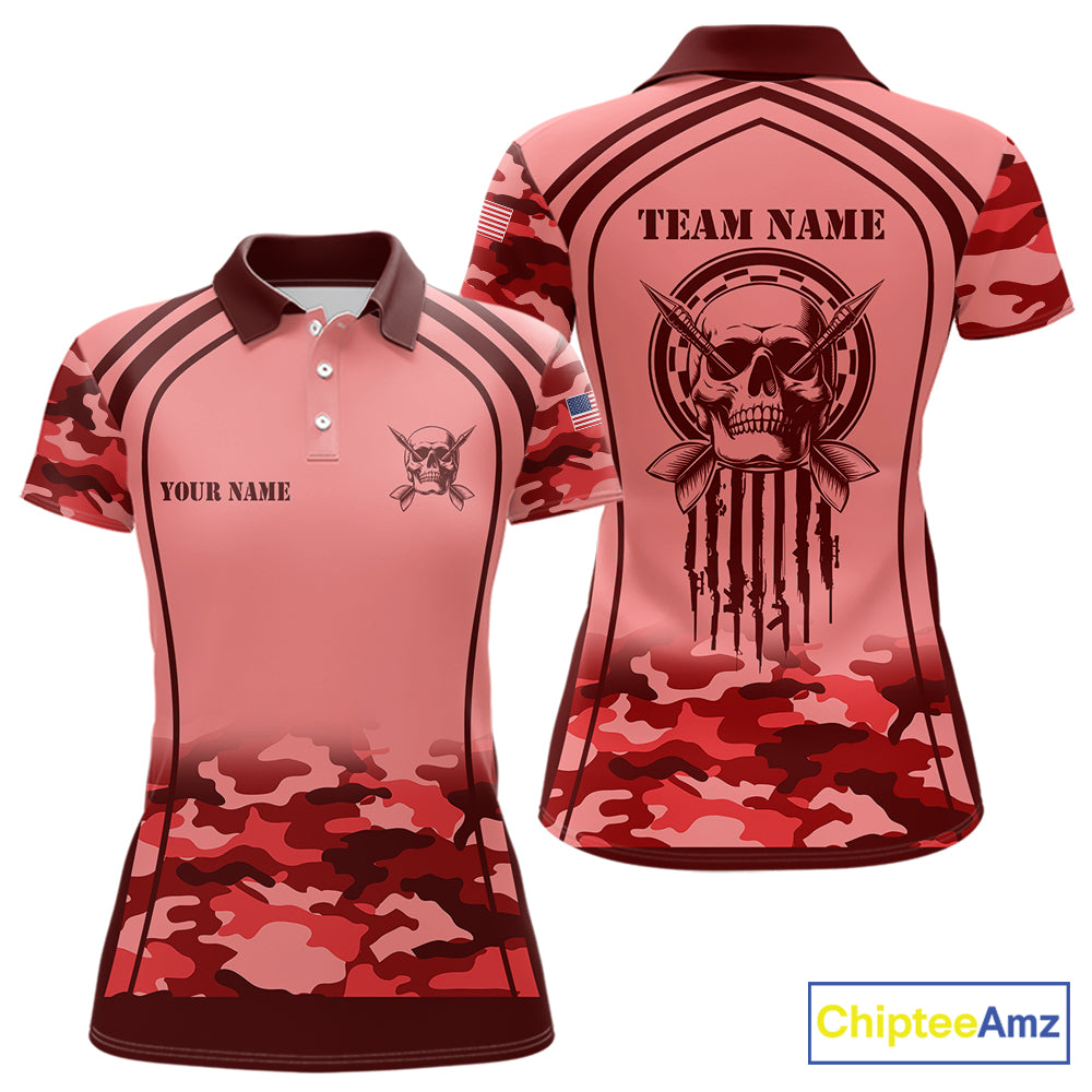 Vintage Red Camo Darts Polo, Quarter Zip Custom Dart Shirts For Women, Camouflage Dart Team Jersey TDM7193