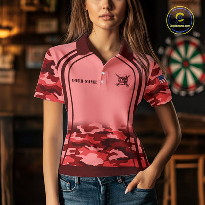 Vintage Red Camo Darts Polo, Quarter Zip Custom Dart Shirts For Women, Camouflage Dart Team Jersey TDM7193