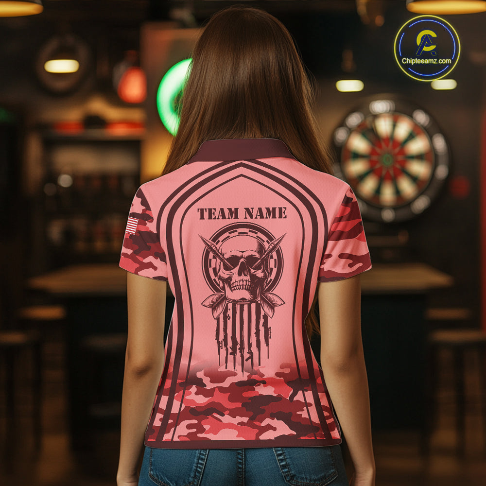 Vintage Red Camo Darts Polo, Quarter Zip Custom Dart Shirts For Women, Camouflage Dart Team Jersey TDM7193