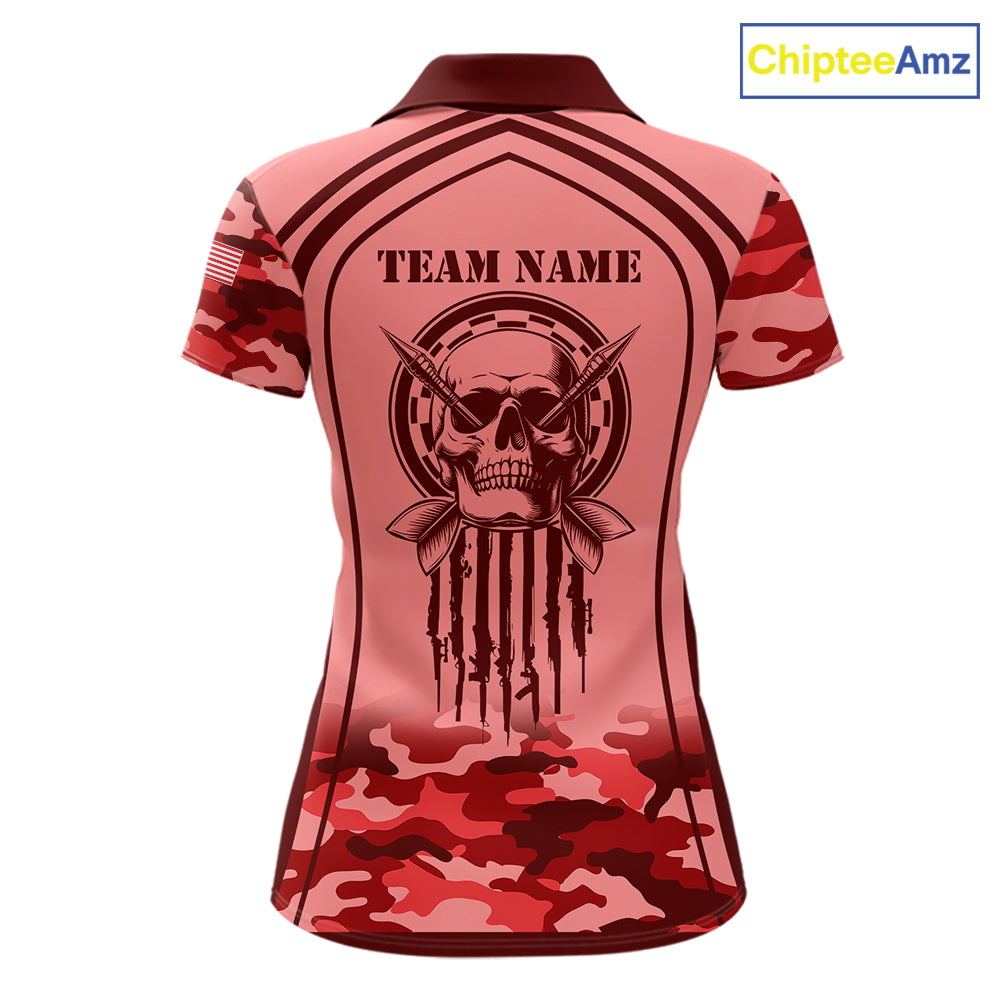 Vintage Red Camo Darts Polo, Quarter Zip Custom Dart Shirts For Women, Camouflage Dart Team Jersey TDM7193