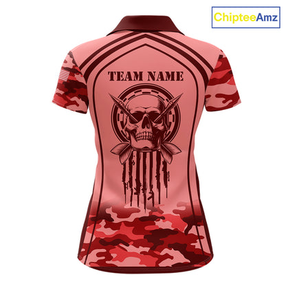 Vintage Red Camo Darts Polo, Quarter Zip Custom Dart Shirts For Women, Camouflage Dart Team Jersey TDM7193