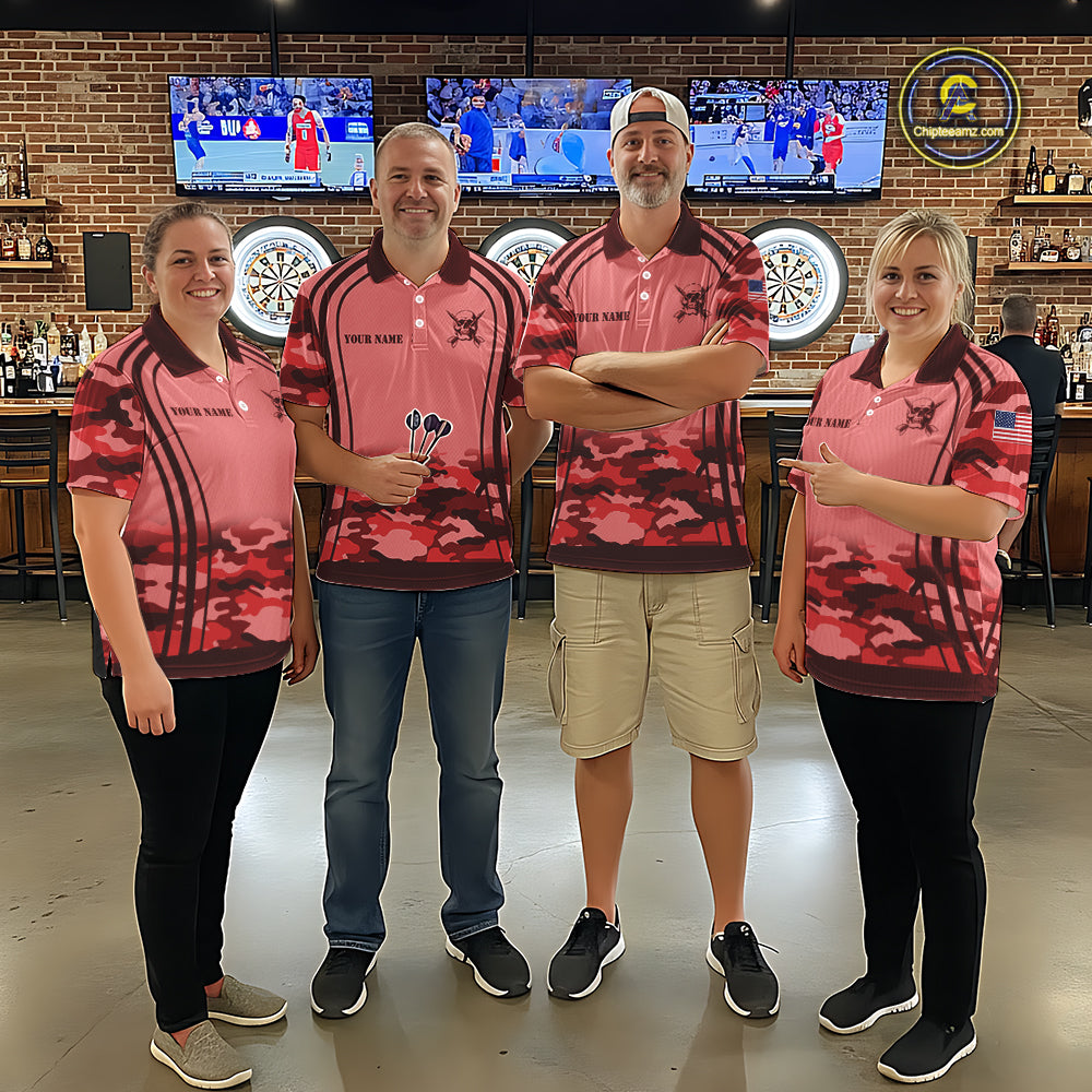 Vintage Red Camo Darts Polo, Quarter Zip Custom Dart Shirts For Men, Camouflage Dart Team Jersey TDM7193