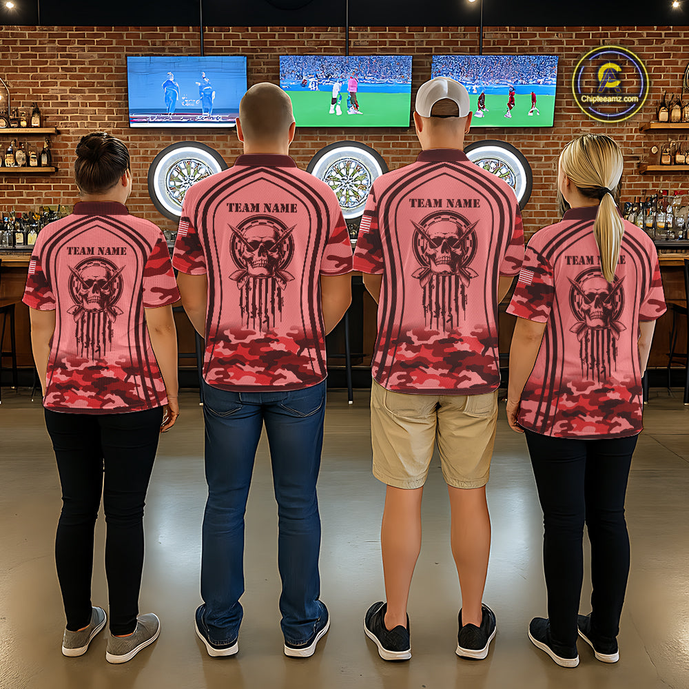 Vintage Red Camo Darts Polo, Quarter Zip Custom Dart Shirts For Men, Camouflage Dart Team Jersey TDM7193