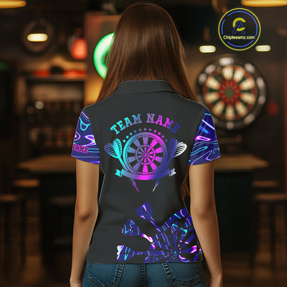 Neon Purple Blue Holographic Womens Dart Shirts Custom Glowing Dart Jersey Team Polo & Quarter Zip TDM5173