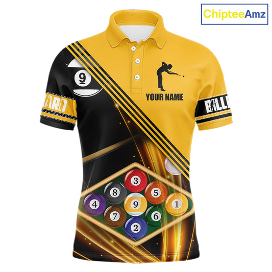 Personalized Yellow Black 9 Ball Pool Billiard Shirt For Men, Billiard Team Jersey Polo & 1/4 Zip TDM5906