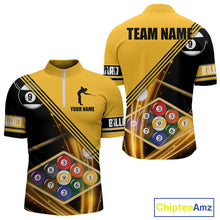 Load image into Gallery viewer, Personalized Yellow Black 9 Ball Pool Billiard Shirt For Men, Billiard Team Jersey Polo &amp; 1/4 Zip TDM5906