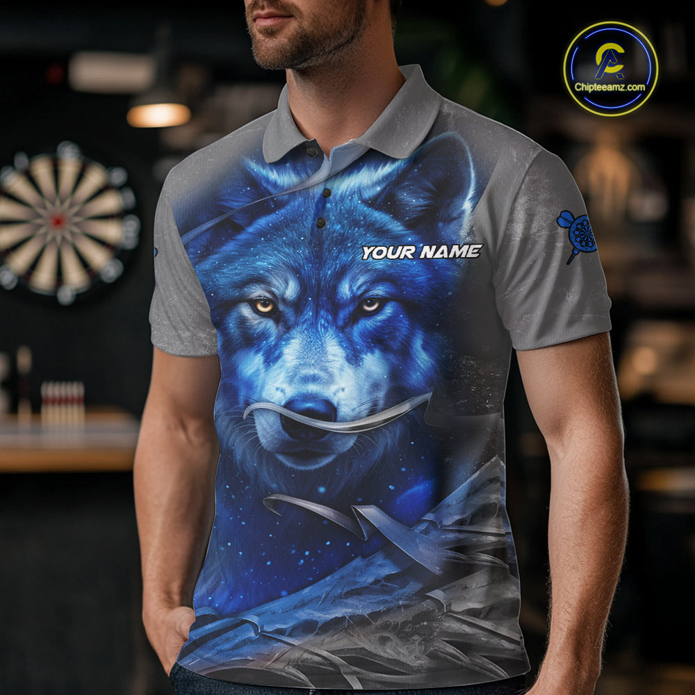 Personalized Wolf Lightning Darts Shirt For Men, Darts Team Jersey Polo & 1/4 Zip |Blue TDM6305