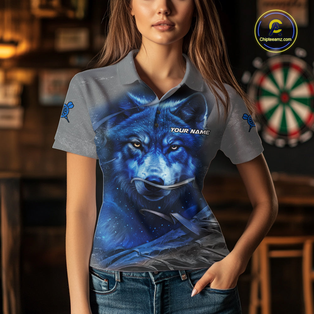 Personalized Wolf Lightning Darts Shirt For Women, Darts Team Jersey Polo & 1/4 Zip |Blue TDM6305