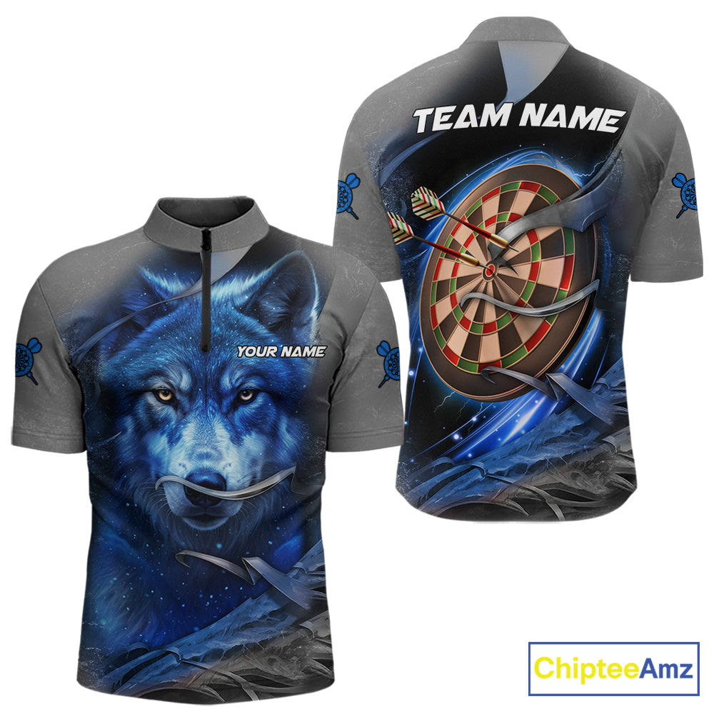 Personalized Wolf Lightning Darts Shirt For Men, Darts Team Jersey Polo & 1/4 Zip |Blue TDM6305