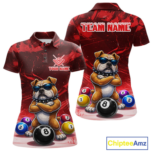 Funny Bulldog Pool Balls Billiard Shirt For Women Custom Billiard Team Jersey Polo & 1/4 Zip |Red TDM6477
