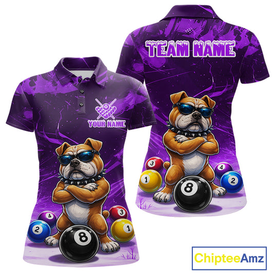 Funny Bulldog Pool Balls Billiard Shirt For Women Custom Billiard Team Jersey Polo & 1/4 Zip |Purple TDM6478