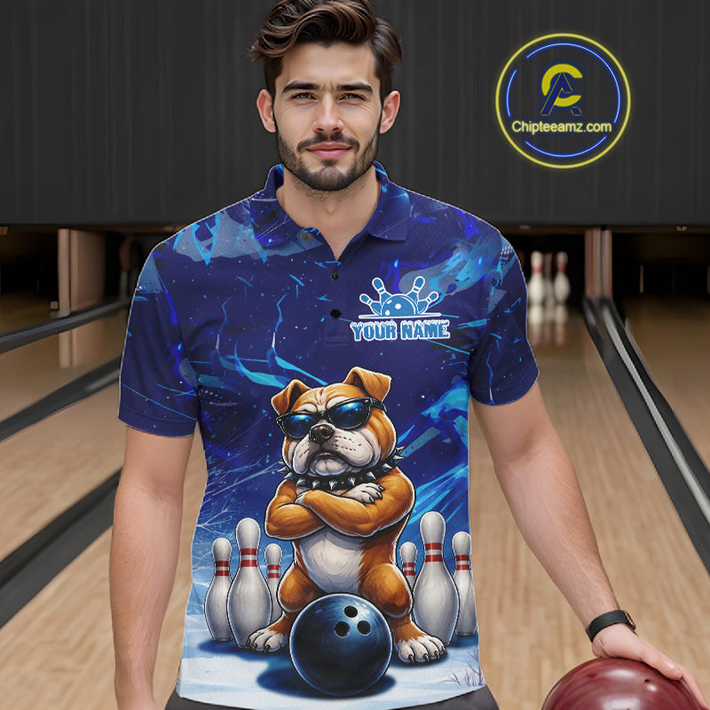 Personalized Blue Funny Bulldog Bowling Shirt For Men Custom Bowling Team Jersey Polo & 1/4 Zip TDM6480