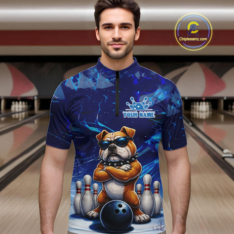 Personalized Blue Funny Bulldog Bowling Shirt For Men Custom Bowling Team Jersey Polo & 1/4 Zip TDM6480