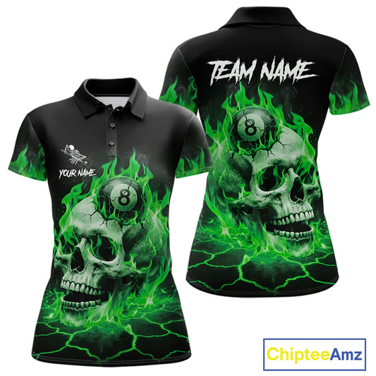 Green flaming skull 8 ball billiard polo shirt for women with custom pool team graphics.