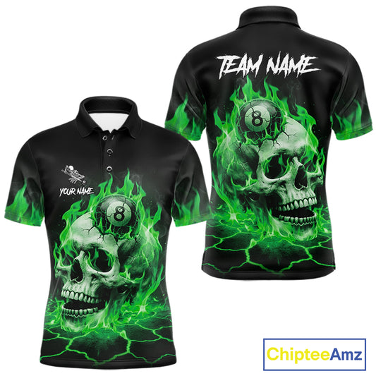 Green flaming skull 8 ball billiard polo shirt for men with custom pool team graphics.