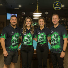 Load image into Gallery viewer, Pool team wearing matching green flaming skull 8 ball billiard jerseys during tournament play front view.