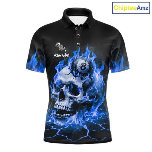 Blue flaming skull 8 ball and 9 ball billiard polo shirt for men with custom pool team graphics.