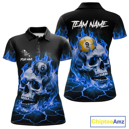 Blue flaming skull 8 ball and 9 ball billiard polo shirt for women with custom pool team graphics.