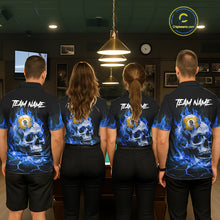 Load image into Gallery viewer, Back view of pool players wearing matching blue flaming skull billiard shirts in a game room.