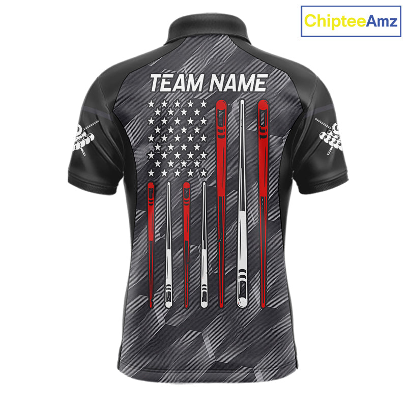 Metal grey American flag 8 ball billiard polo shirt for men with patriotic pool team graphics.