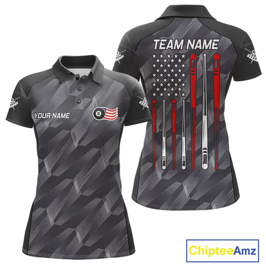 Metal grey American flag 8 ball billiard polo shirt for women with patriotic pool team graphics.