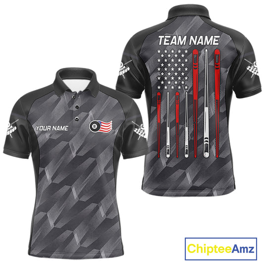Metal grey American flag 8 ball billiard polo shirt for men with patriotic pool team graphics.