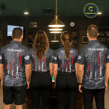 Load image into Gallery viewer, Back view of pool players wearing matching metal grey patriotic billiard shirts in a game room.