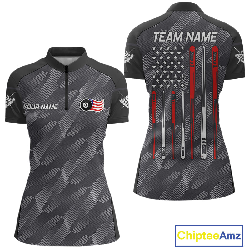 Metal grey American flag 8 ball billiard quarter zip shirt for women designed for league tournaments and team events.