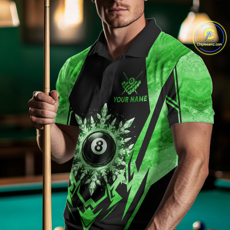 Man wearing black and green 8 ball pool icy billiard team jersey polo shirt featuring the frozen 8 ball artwork, front view.