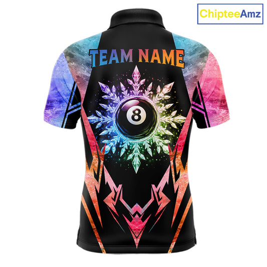 Custom colorful 8 ball pool icy billiard team jersey polo shirt for men featuring vibrant frozen ice artwork, premium pool league apparel for tournaments and competitive billiard players.