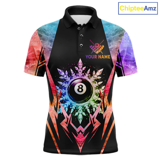 Custom colorful 8 ball pool icy billiard team jersey polo shirt for men featuring vibrant frozen ice artwork, premium pool league apparel for tournaments and competitive billiard players.