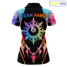 Load image into Gallery viewer, Custom colorful 8 ball pool icy billiard team jersey polo shirt for women featuring vibrant frozen ice artwork, premium pool league apparel for tournaments and competitive billiard players.