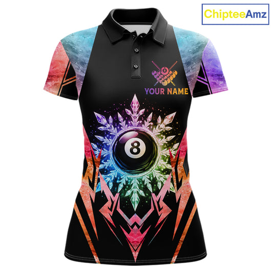 Custom colorful 8 ball pool icy billiard team jersey polo shirt for women featuring vibrant frozen ice artwork, premium pool league apparel for tournaments and competitive billiard players.