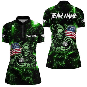 Green Skull Thunder Lightning US Flag Custom Women Billiard Shirts, Patriotic Billiard Team Jerseys TDM2709