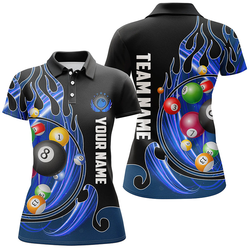 3D Billiard Balls Fire Flame Custom Pool Shirts For Women, Billiard League Team Jerseys | Blue TDM2719