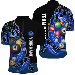 3D Billiard Balls Fire Flame Custom Pool Shirts For Men, Billiard League Team Jerseys | Blue TDM2719