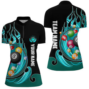 3D Billiard Balls Fire Flame Custom Pool Shirts For Women, Billiard League Team Jerseys | Cyan TDM2720