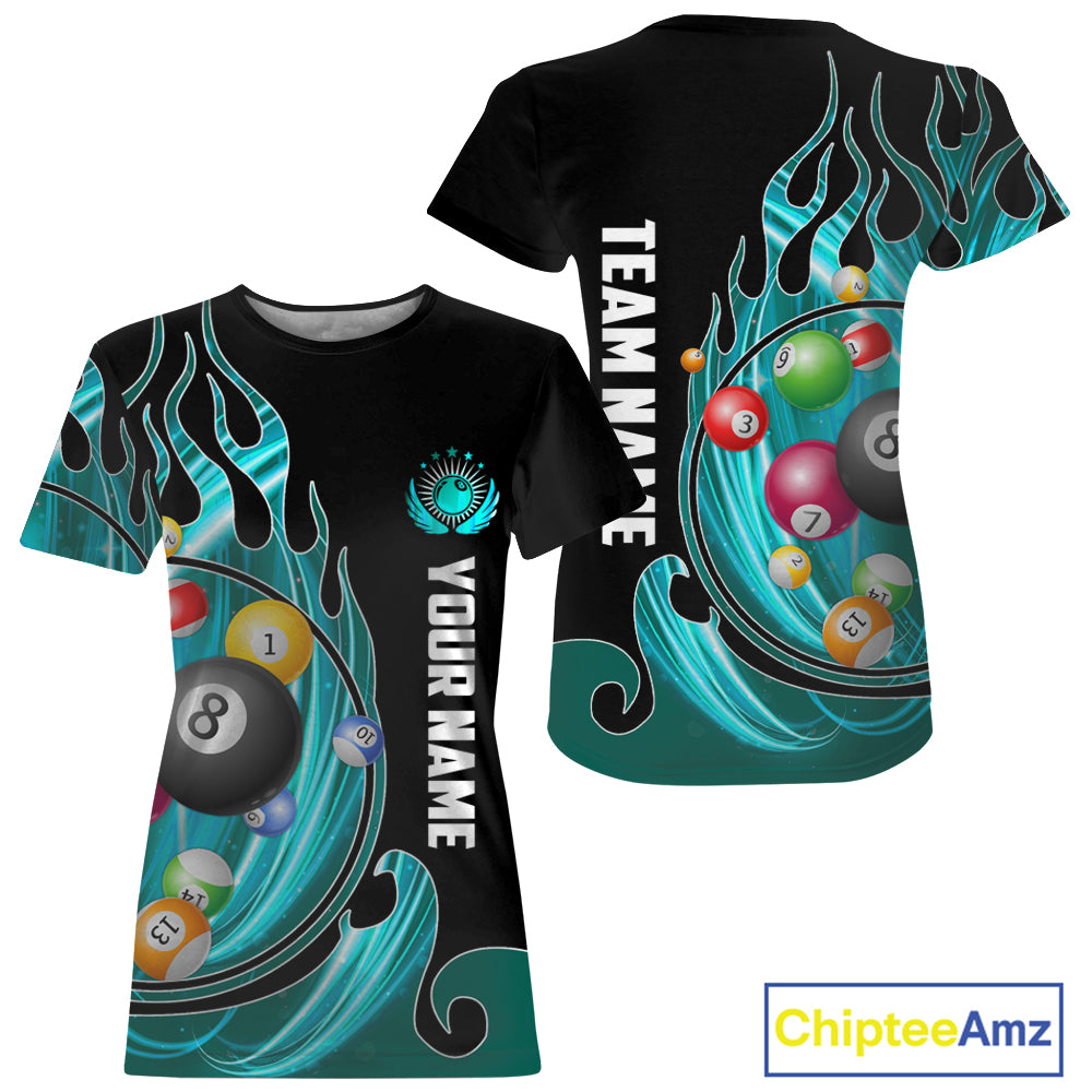 Blue Cyan Pool Balls Fire Flame Billiard T-Shirt For Women Custom Pool Team Shirt, Billiard Jersey TDM2720