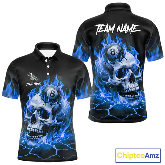 Blue Flaming Skull 8 Ball Billiard Shirt For Men Custom Pool Team Jersey Polo & Quarter Zip TDM5422